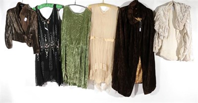 Lot 2122 - Circa 1920s/30s Ladies Evening Jackets, Capes and Dresses, comprising a brown velvet cape with...