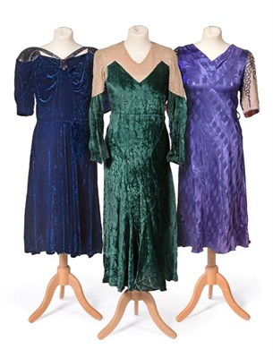 Lot 2126 - Three Circa 1930s Evening Dresses, comprising a purple self-checked silk dress, the contrasting...