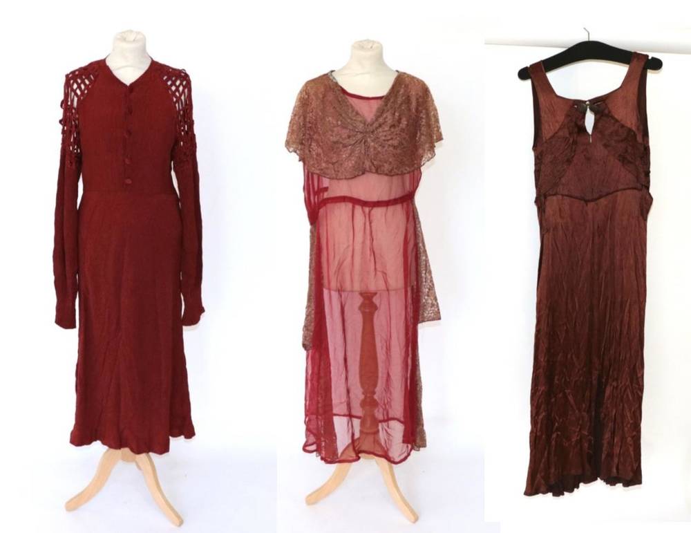 Lot 2127 - Three Circa 1930s Evening Dresses, comprising a Warings of Oxford St burnt orange silk crepe...