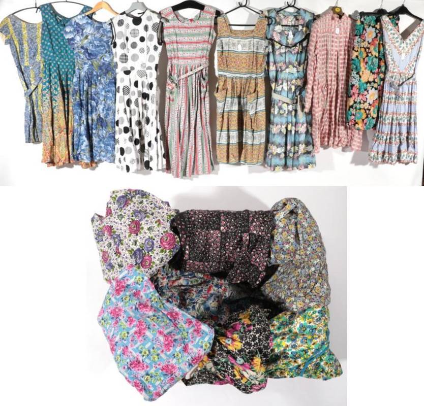 Lot 2139 - Circa 1950s Ladies Cotton Dresses and Aprons/Housecoats, comprising a pink cotton long sleeve...
