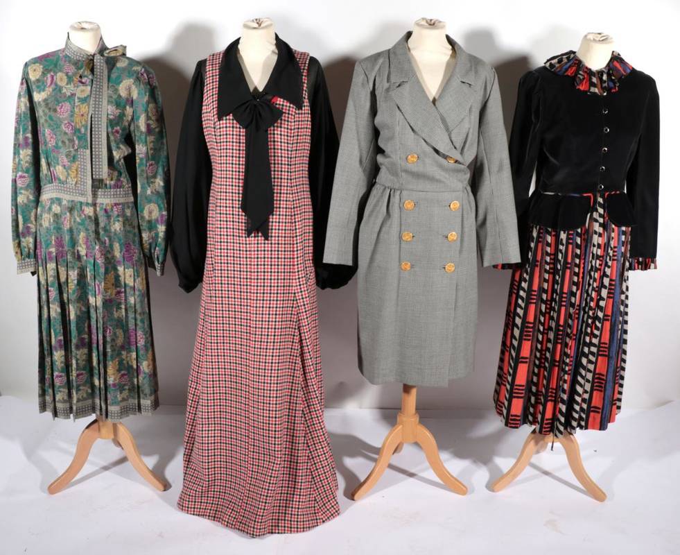 Lot 2150 - Circa 1970s Dresses, comprising Annie Gough dress with blue grey velvet style jacket with...