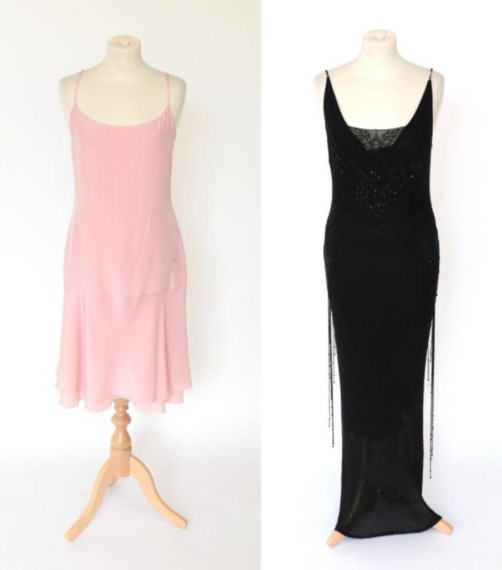 Lot 2177 - Chanel Pink Silk Slip Dress, with small pink pearlescent rectangular fob impressed 'CHANEL' to...