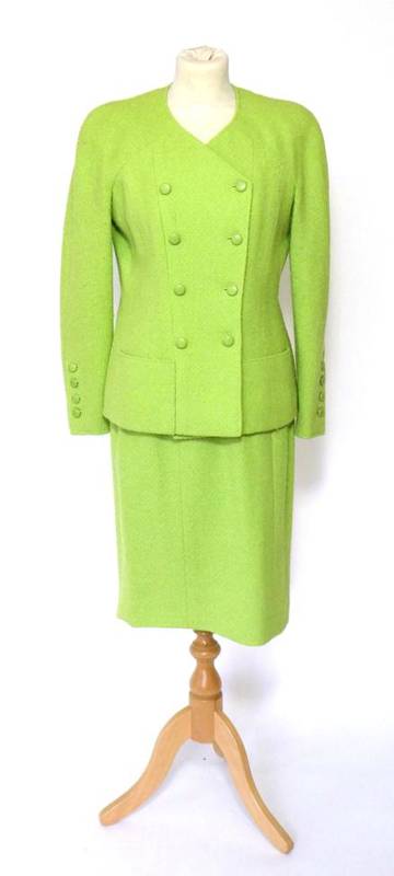 Lot 2178 - Chanel Boutique Circa 1980s Lime Green Wool Two Piece, comprising a double breasted jacket and...
