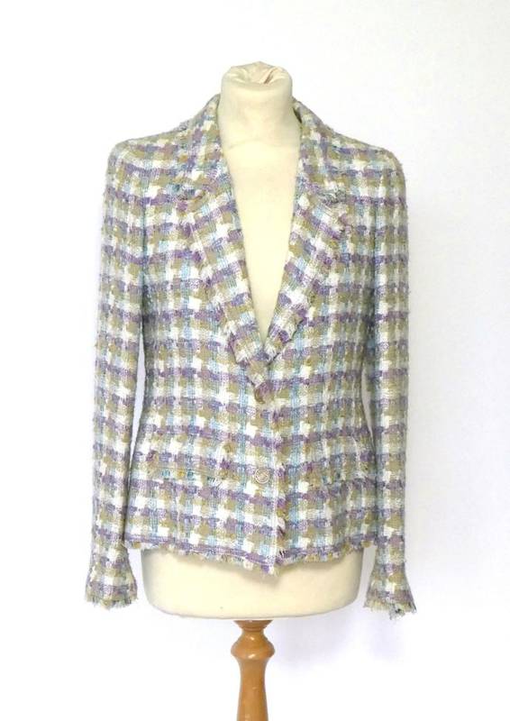 Lot 2180 - Chanel Pastel Boucle Blazer Jacket, woven in cream, champagne, lavender and aqua, with two faux...