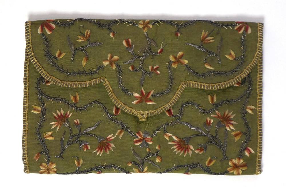 Lot 2188 - Mid 18th Century Green Silk Pocket Book, embroidered overall with pink and cream flower heads,...