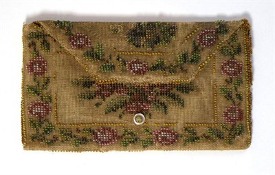 Lot 2189 - 18th Century Pocket Book, beaded decoration with pink rose heads and leaves to the front, the...