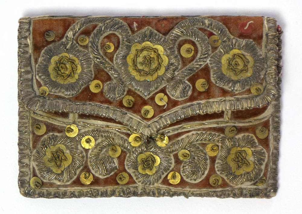 Lot 2190 - Early 18th Century Pocket Book, on red velvet, embroidered with silvered threads and sequin...