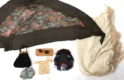 Lot 2203 - Assorted Costume Accessories, comprising circa 1920s gold lamé and silk chiffon printed shawl;...