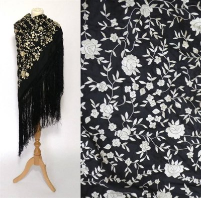 Lot 2220 - Early 20th Century Chinese Black Silk Shawl, with cream silk floral embroidery and tassel fringing