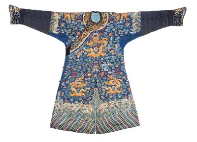Lot 2222 - Late 19th Century Chinese Blue Silk Robe, decorated with five claw dragons to the front and back in