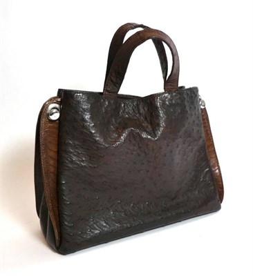 Lot 2231 - Mid 20th Century Brown Ostrich Leather Handbag, with alligator leather to the sides, chrome...