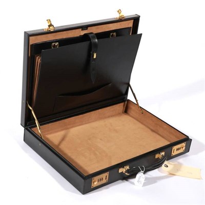 Lot 2252 - Asprey London Black Leather Briefcase, with gilt metal mounts and hinges, suede type interior, 44cm