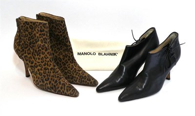 Lot 2259 - Pair of Manolo Blahnik Leopard Print Suede Ankle Boots, with pointed toes, stiletto heels and...