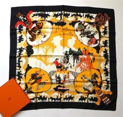 Lot 2268 - Hermès ''Feria de Sevilla'' Silk Scarf, Designed By H.de Watrigant, printed with Western scenes of