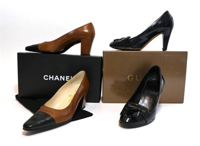 Lot 2270 - Pair of Chanel Tan Leather Block Heel Court Shoes, the black leather capped toes with stitched 'CC'