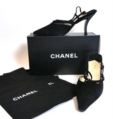 Lot 2275 - Pair of Chanel Black Suede Pointed Slingback Heeled Shoes, the strap mounted with a small metal...