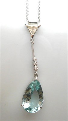 Lot 510 - An Aquamarine and Diamond Pendant on Chain, a trilliant cut diamond surmounts a white knife...