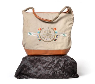 Lot 2296 - Gucci Nautical Shoulder Bag, the taupe canvas embroidered with an arrangement of boating items...