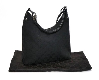 Lot 2299 - Gucci Black Canvas and Leather Shoulder Bag, self-patterned in the 'GG' design, with silver...