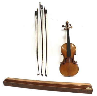 Lot 3002A - Violin 13 1/4'' two piece back, ebony fingerboard, no makers mark, cased with three bows in...