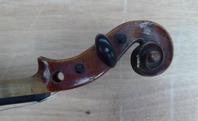 Lot 3005 - Violin 13 7/8'' one piece back, no makers mark, has pencil inscription on inner back 'Repaired...
