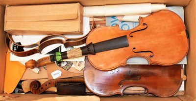 Lot 3006 - Violin with maker label 'H Roades 1980, Chesterfield' together with a mixed box of what appears...