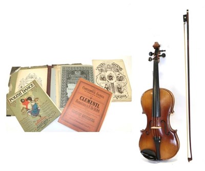 Lot 3007 - Violin 14'' two piece back, cased with bow and a folio of vintage piano sheet music