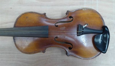 Lot 3009 - Violin 14'' two piece back, no label; together with two bows one with ivory frog and button...