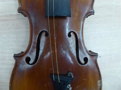 Lot 3009 - Violin 14'' two piece back, no label; together with two bows one with ivory frog and button...