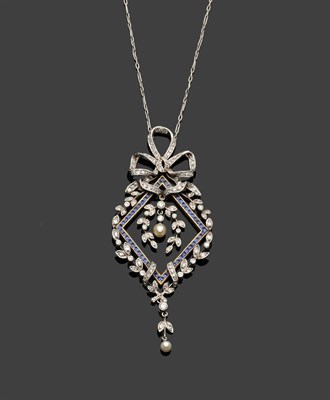 Lot 520 - A Diamond, Sapphire and Pearl Pendant, a bow surmounts a rhombus shape set with sapphires and...