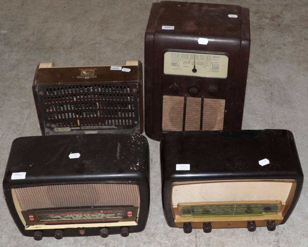 Lot 3083 - Philips 353A Radio; HMV 1356; Philips 341A; and an early GEC battery set fitted with Amplion...