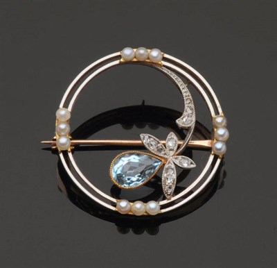 Lot 522 - An Aquamarine, Diamond and Seed Pearl Hoop Brooch, twin hoops set with a trio of seed pearls at...