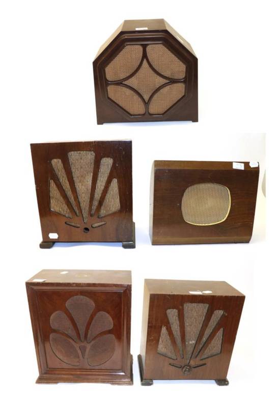 Lot 3119 - A Selection Of Wireless Extension Speakers: HMV; Buffelette; an empty brown bakelite Amplion...