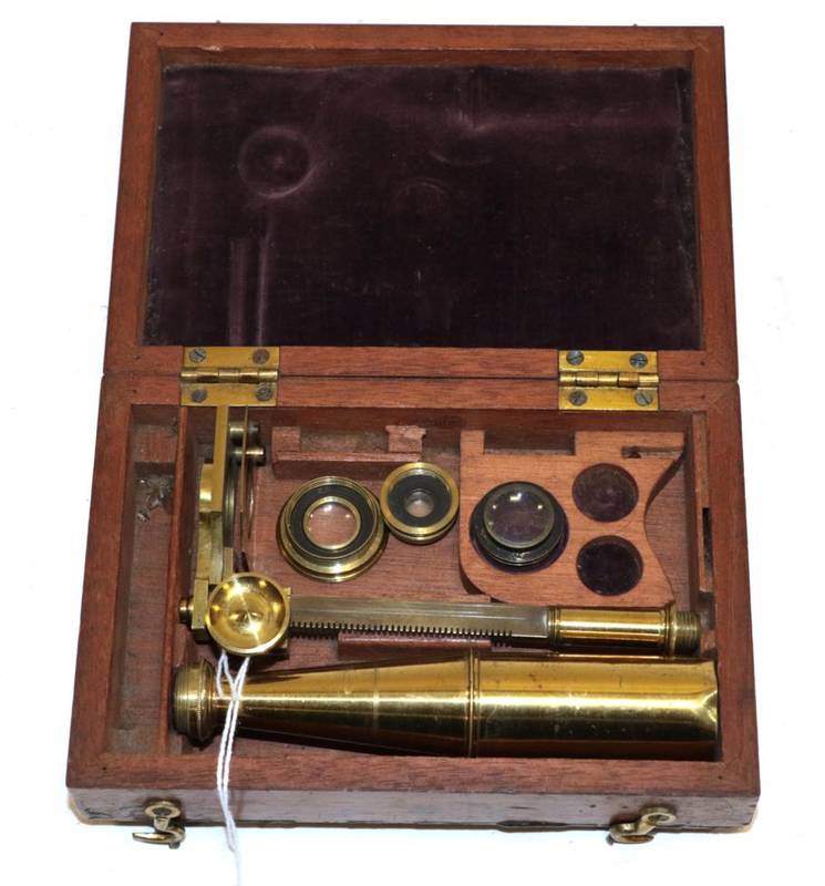 Lot 3130 - Brass Travelling Microscope with 5'' barrel, in parts that can be assembled and screwed into...