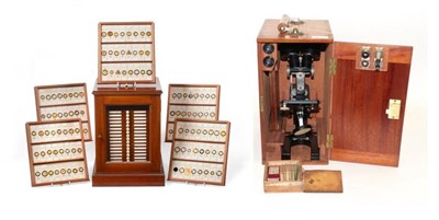 Lot 3131 - W Watson Prepared Microscope Slides in 22 drawer mahogany cabinet, most drawers contain 18...