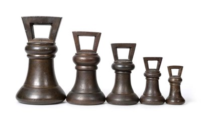 Lot 3146 - George IV Bronze Bell Weights 14lb, 7lb, 4lb, 2 lb and 1lb with various stamps 'Crown G',...