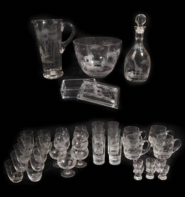 Lot 2039 - Collectibles: A Suite of Big Game Engraved Rowland Ward Glass Ware, including - Punch Bowl,...