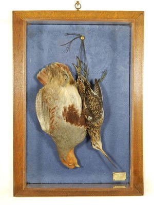 Lot 2115 - Taxidermy: A Cased Pair of Hanging Game Birds, circa 1947, a full mount Partridge and Common Snipe