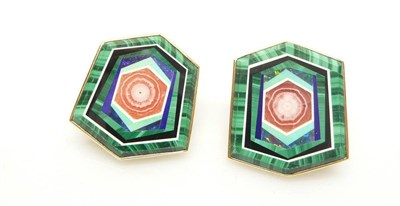 Lot 557 - A Pair of Inlaid Malachite Earrings, the asymmetric hexagonal panels comprise agate, opal,...