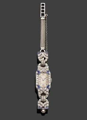 Lot 562 - A Lady's Art Deco Diamond and Sapphire Set Wristwatch, nickel finished lever movement, silvered...