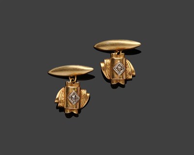 Lot 566 - A Pair of Art Deco Cufflinks, each geometric panel set centrally with a rose cut diamond, chain...