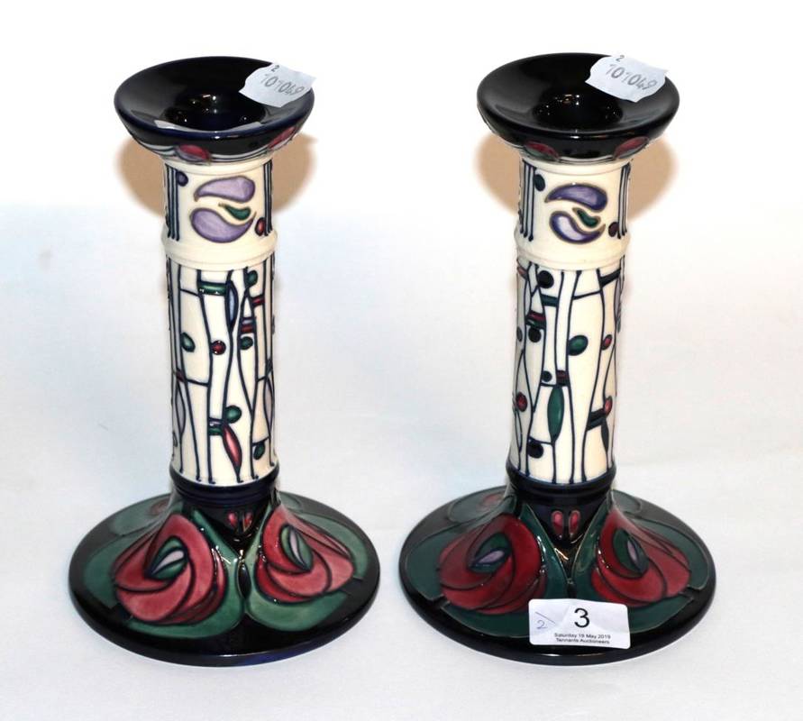 Lot 3 - Modern Moorcroft: a pair of Rennie Mackintosh pattern candlesticks