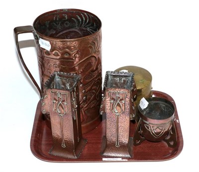 Lot 6 - A group of Arts & Crafts metal ware including a large copper tankard; a pair of copper vases etc