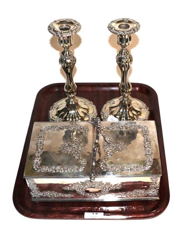 Lot 14 - A large silver plated double hinged table cigar or cigarette box; and a pair of 19th century...