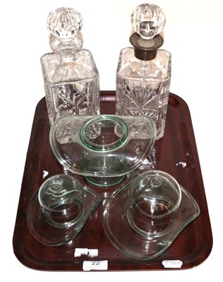 Lot 22 - Three glass models of hats; a silver mounted cut glass decanter; and another decanter