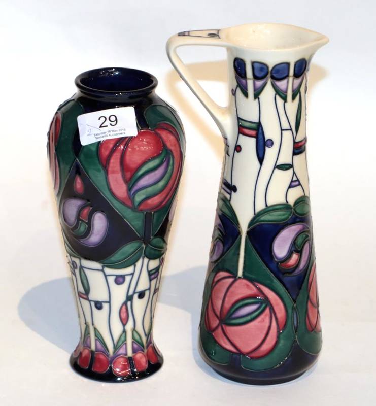 Lot 29 - Modern Moorcroft: a Rennie Mackintosh ewer and a similar vase (2)