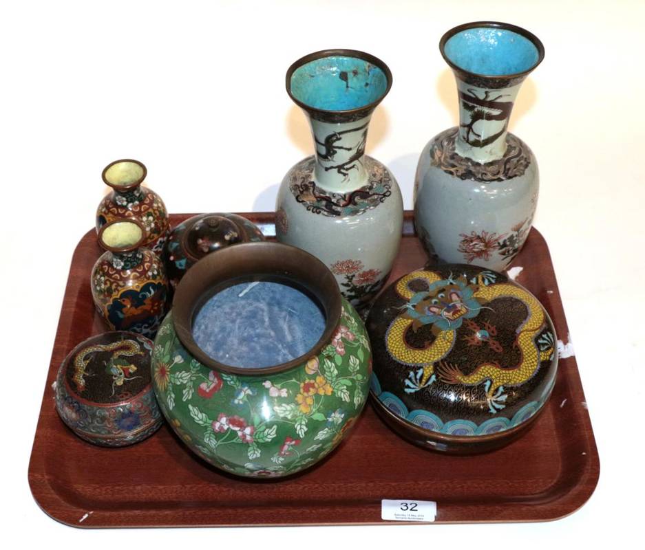 Lot 32 - A pair of Japanese cloisonne enamel vases; six pieces of Chinese cloisonne enamel