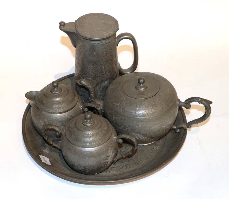 Lot 39 - A Chinese pewter five piece tea set by Wah Le Pewtersmith, Swatow