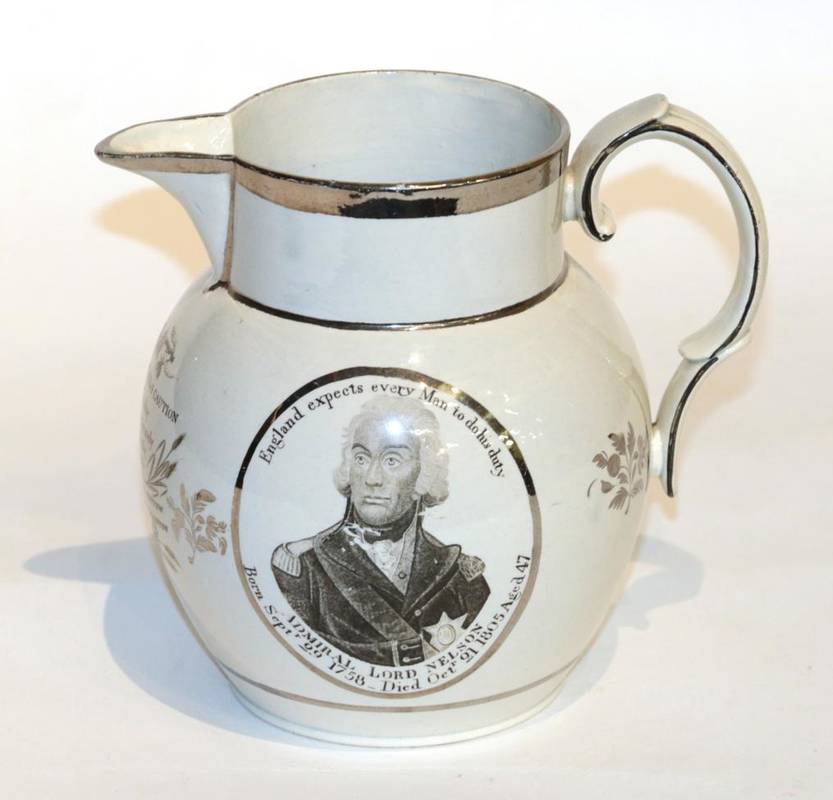 Lot 47 - A pearlware Nelson Commemorative jug, circa 1805, printed in black with a bust portrait of Lord...
