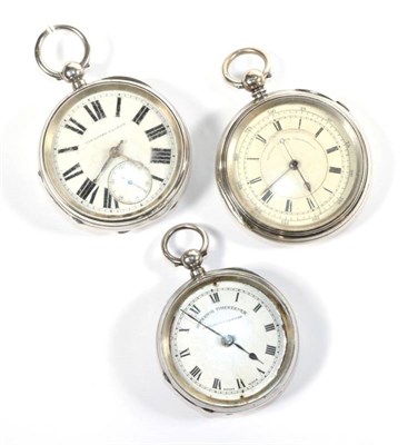 Lot 74 - A silver chronograph pocket watch, silver pocket watch signed Peplow, Coalville and a...
